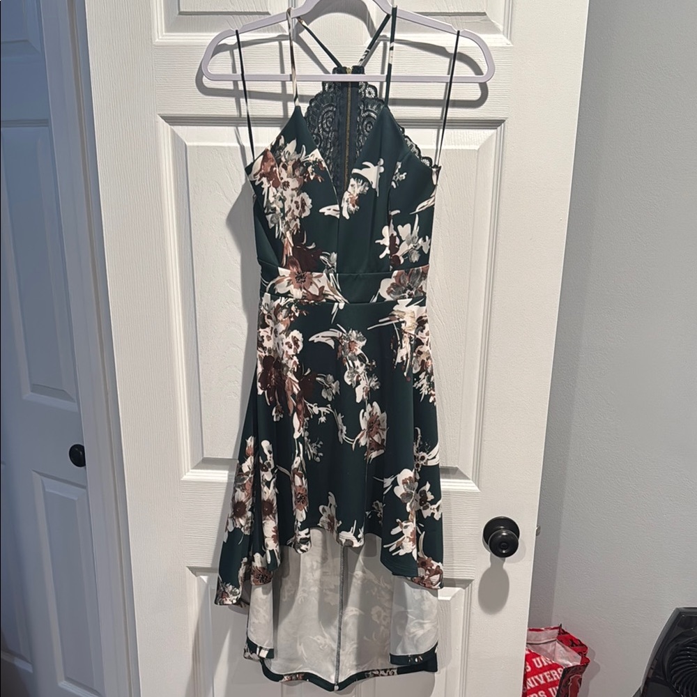 Green High Low Sundress with Sleeveless Halter Neckline for Wedding Guest